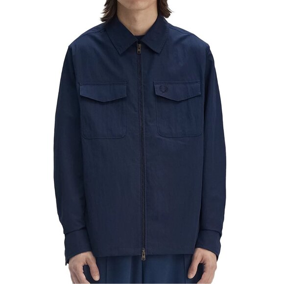 Fred Perry Men's Zip Front Overshirt Dual Flap Snap Pockets Logo Jacket Blue - Picture 1 of 7